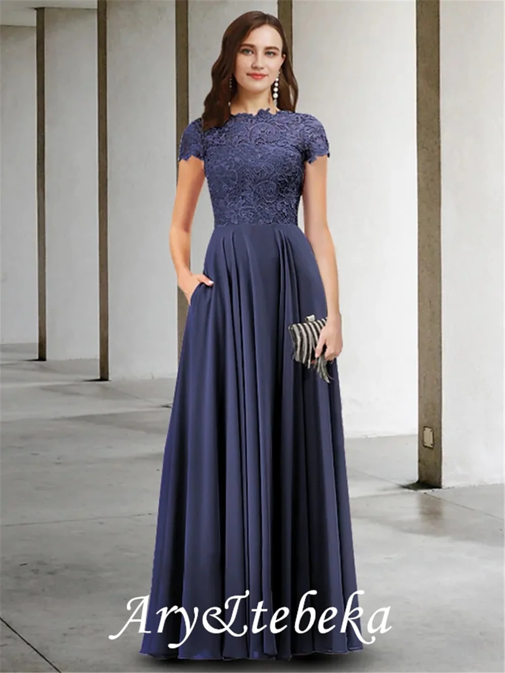 A-linie Mutter der Braut Kleid Elegante Jewel Neck Bodenlangen Chiffon Spitze Kurzarm Mit Falten Appliques 2021