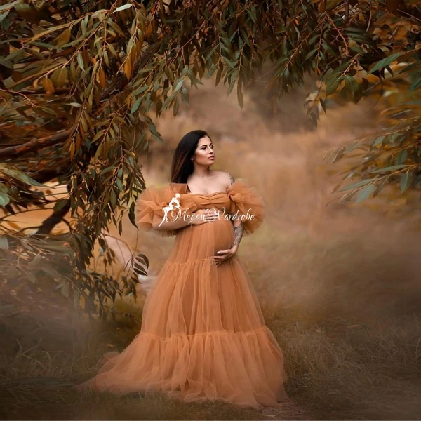 Sexy Orange Puffy Ruffled Sleeve Tulle Maternity Dresses Photo Shoot Off   Shoulder A-Line Draped Long Dress Kleid Plus Size