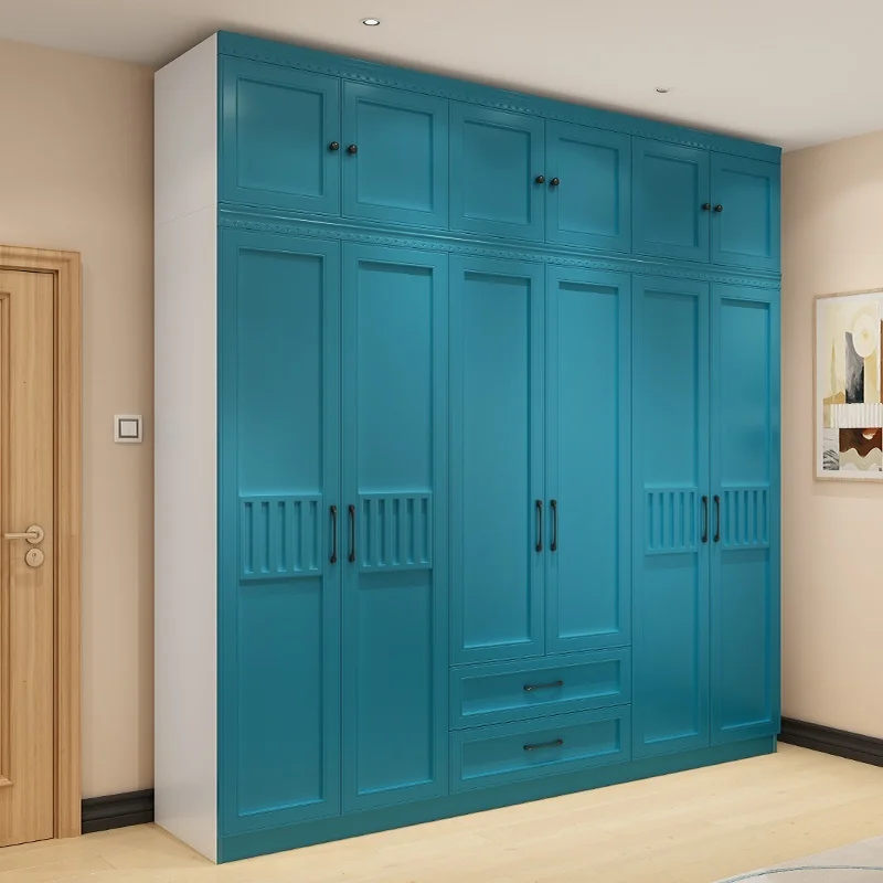 Wardrobe Modern minimalist cabinet Household girls bedroom Blue and white wooden whole wardrobe for rental room