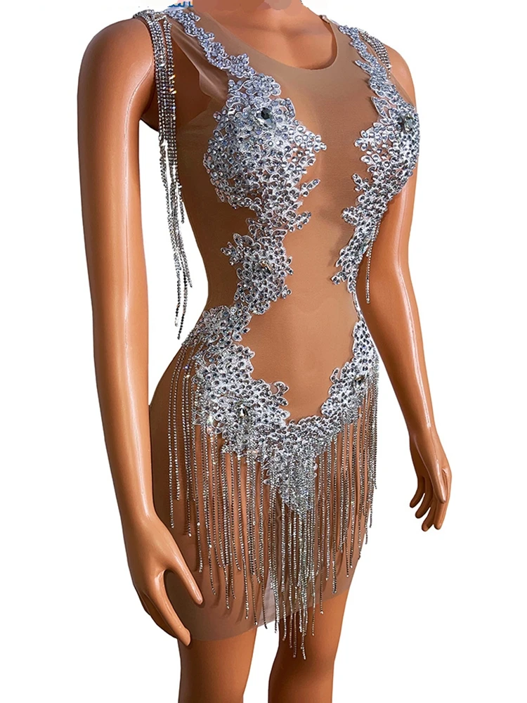 Sparkly Silber Strass Kette Kleid Sexy Transparent Prom Geburtstag Feiern Geburtstag Kleid Bar Abend Frauen Singer Kleid