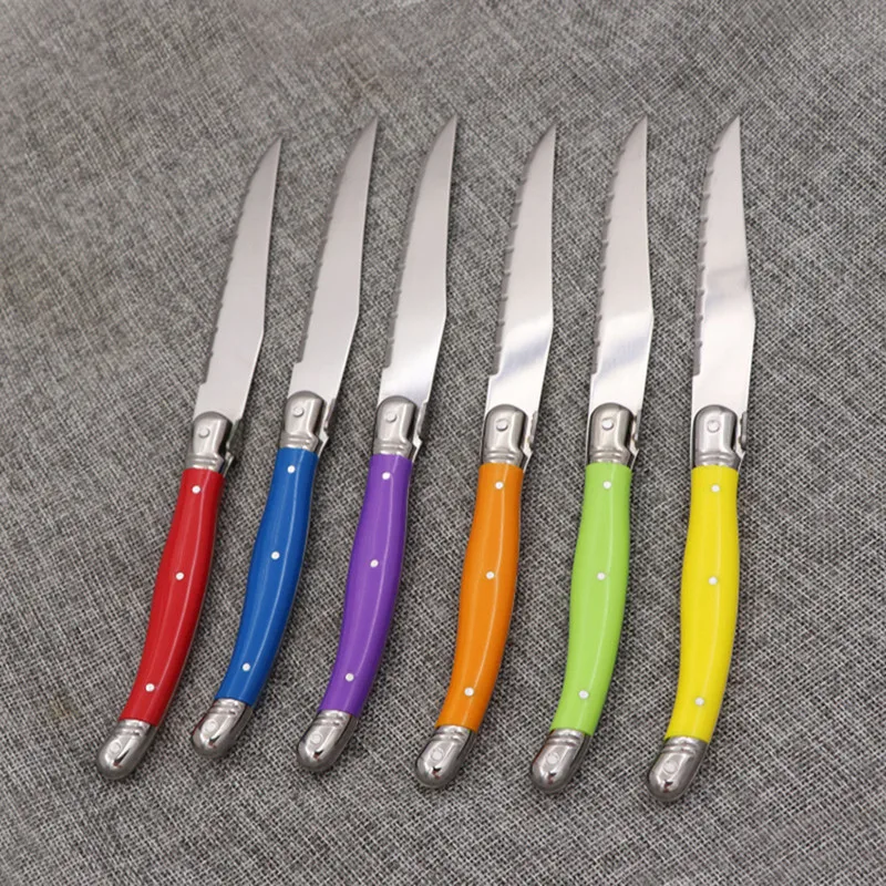 Laguiole Steak Knife Rainbow Plastic Handle Dinner Knives Multi color Tableware Cutlery Stainless Steel Dinnerware Set 4-6pcs