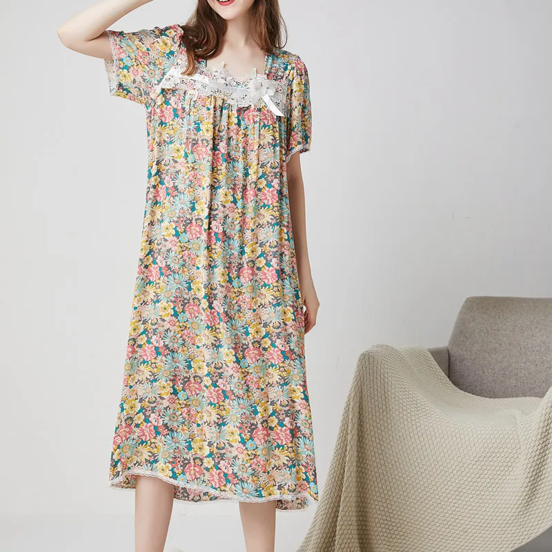 Summer Sleepdress Women Cotton Nightgown Sleepshirts Short Sleeve Homewear Floral Lace Long Dressing Gown Casual Nightdress Lady