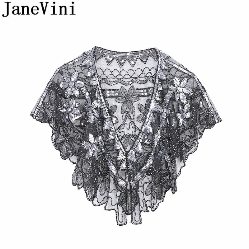 JaneVini Femminile Pura Estate In Rilievo Bolero Spalla Shiny Paillettes Argento Da Sposa Rivestimento di Cerimonia Nuziale Capes Avvolge Stole Accessori