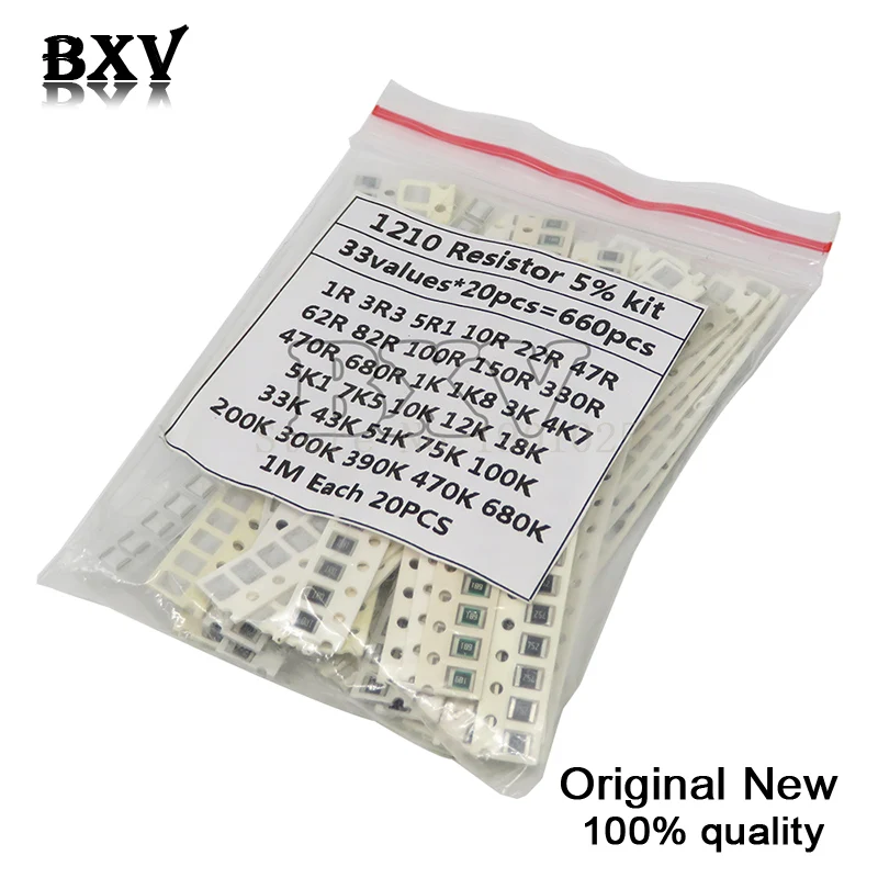 1210 smd resistor kit sortido 1ohm-1m ohm ohm 5% 33valuesx 20 pçs = 660 pçs kit diy