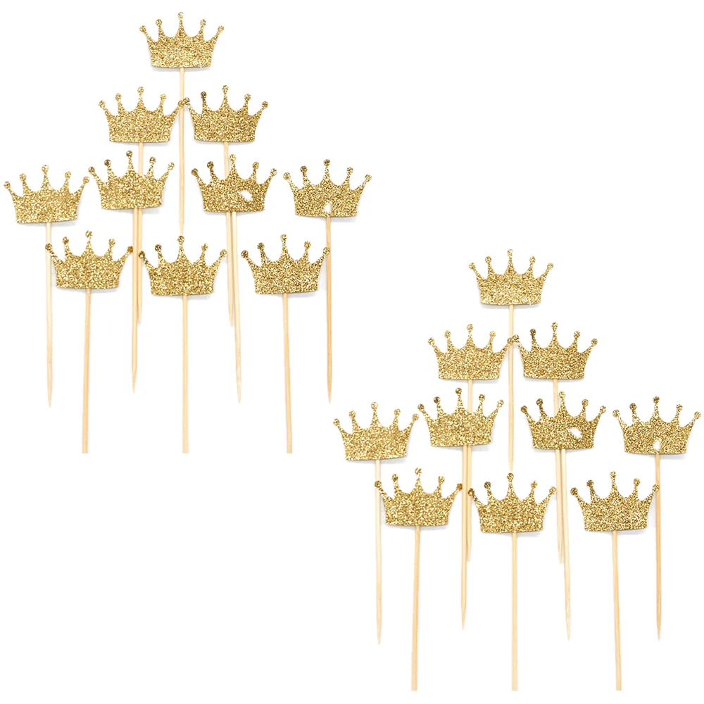 Lot of 20pcs Glitter Crown Wood Stick Cake Topper Food Picks Wedding Engagement Decor