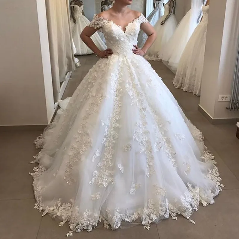 Customized Off Shoulder Puffy Ball Gown Wedding Dress Appliques Tulle Backless V Neck Lace Bridal Gown backless Robe De Mariee