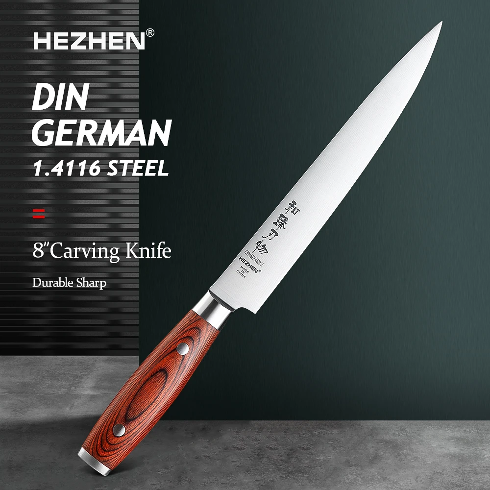 HEZHEN 8 Inches Carving Knives Slicing Cut Meat Cleaver Stainless Steel German DIN1.4116 Steel Pakka Wood Handle Kitchen Knives