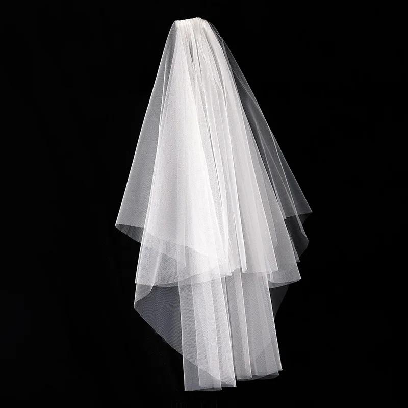 Marfim Bridal Veil com duas camadas, tule, casamento, pente, acessórios, curto, branco