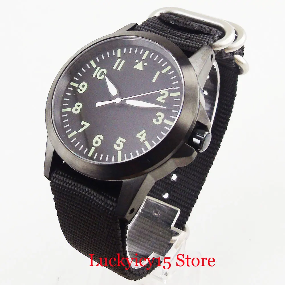 

Mechanical Wristwatch Men PVD Plated 42mm Case Sterile Black Dial Sapphire Glass Nylon Strap ST Automatic Movement