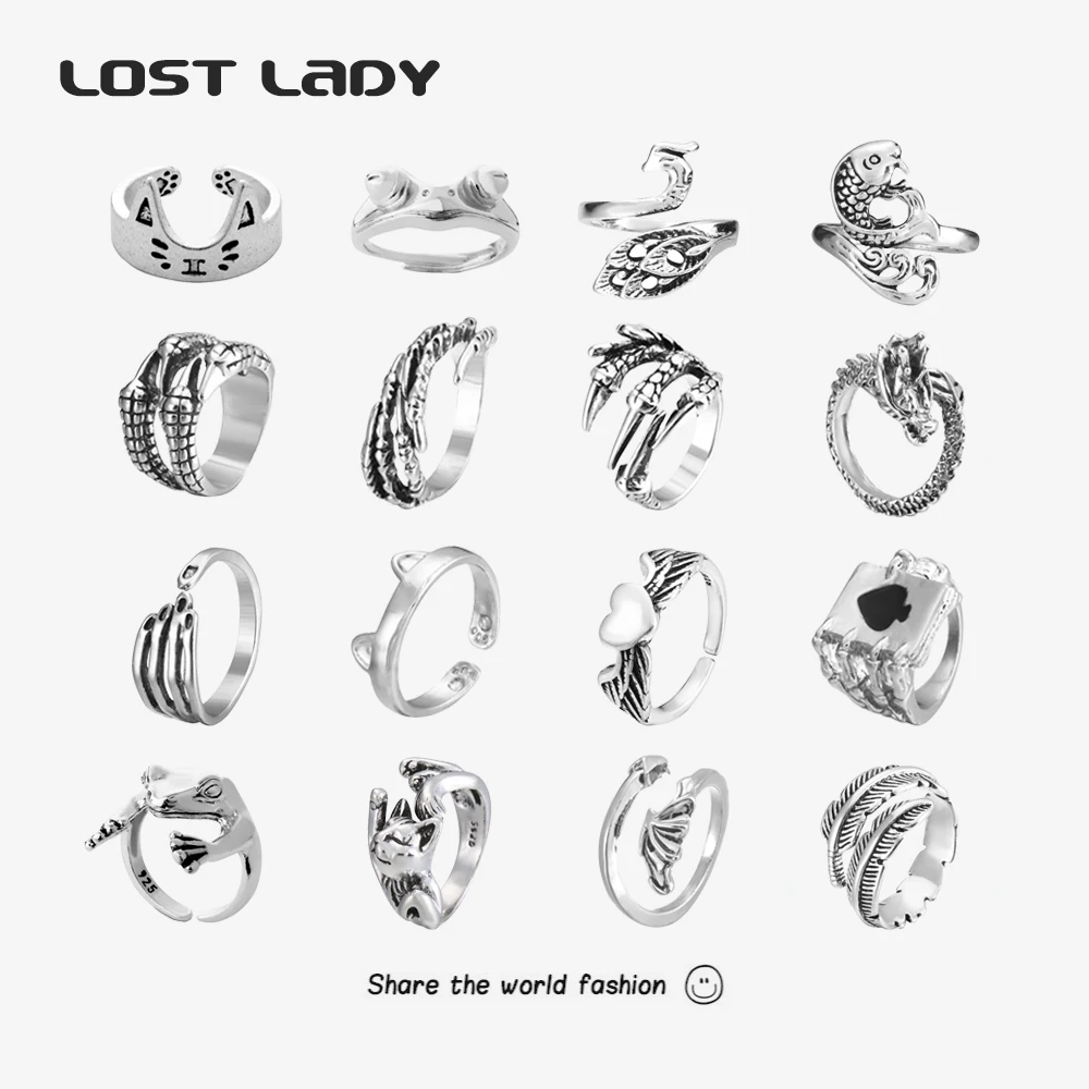 

Lost Lady Adjustable Black Silver Color Dragon Snake Rings Statement Opened Punk Finger Ring for Women Men Party Jewelry Gift