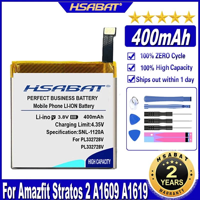 HSABAT PL332728V 332728 400mAh Battery for Huami Amazfit Stratos 2 A1609 A1619 smart watch Batteries