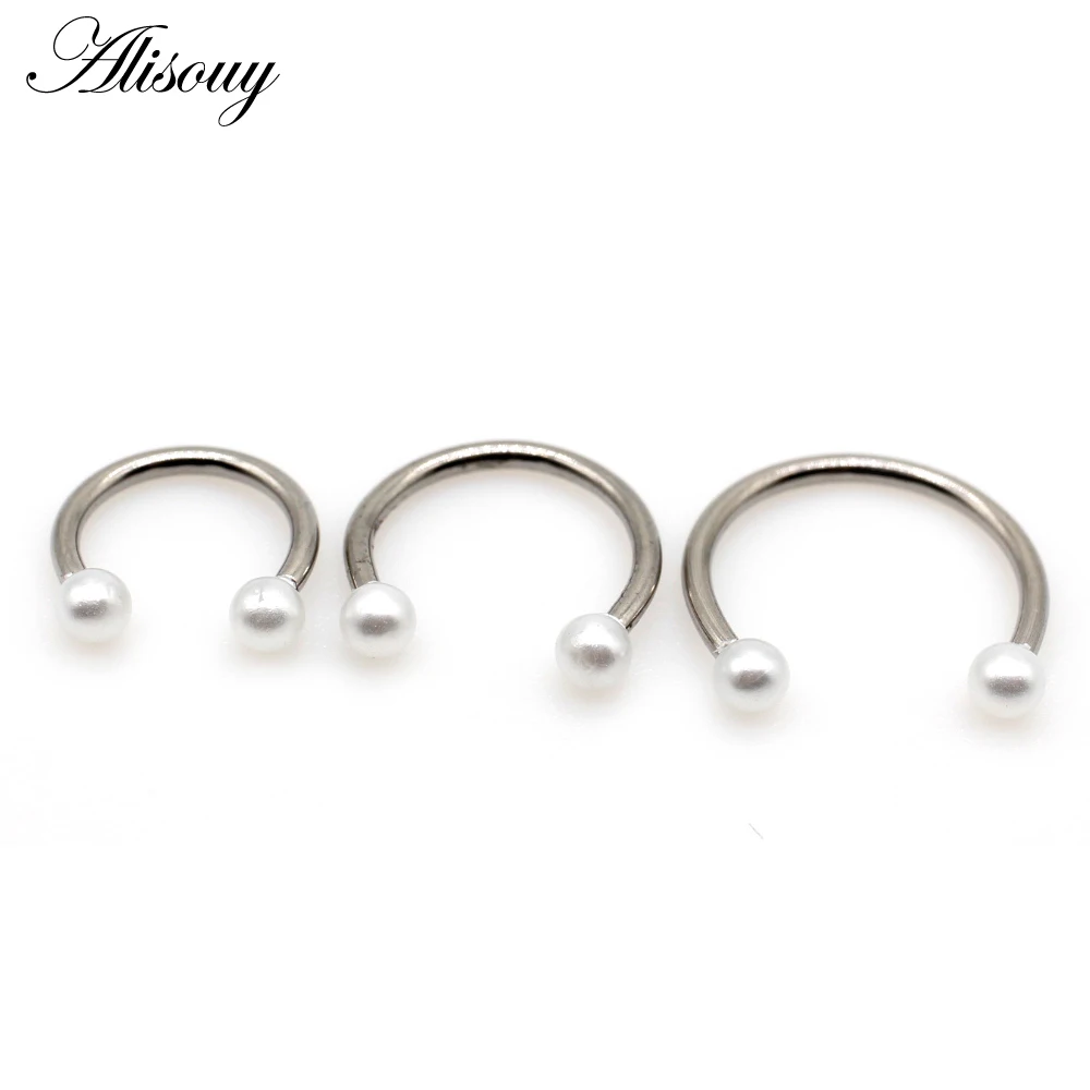 Alisouy 1pc Stainless Steel 16G Pearls Circular Horseshoe C Clip Lip Nose Piercing Tragus Septum Ring Helix Cartilage Earring