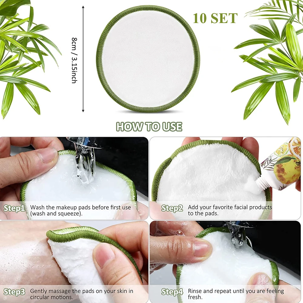 10pcs/Bag Reusable Bamboo Makeup Remover Pads Washable Rounds Cleansing Facial Cotton Make Up Removal Pads Tool Pads Accessories