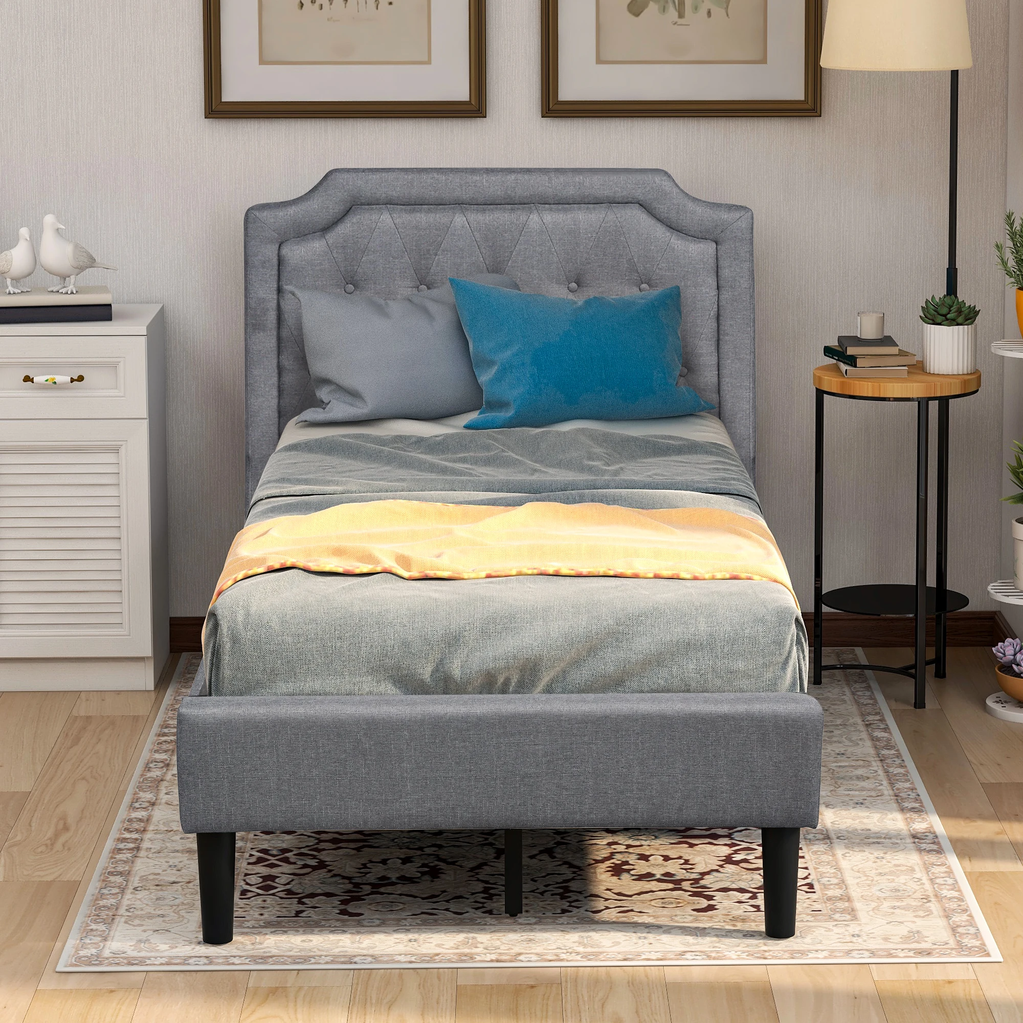 Upholstered Scalloped Linen Platform Bed, Twin Size, Gray  Bedroom Furniture for Livingroom US Warehouse