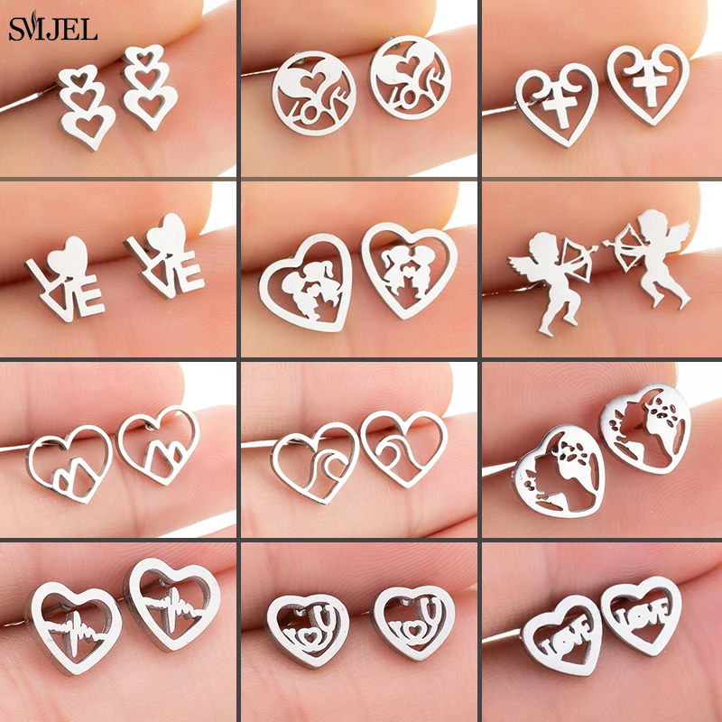 Small Stainless Steel Stud Earring for Women Fashion Design Heart Shape Love Letter Wave Figure Map Mountain Earrings Studs 2021