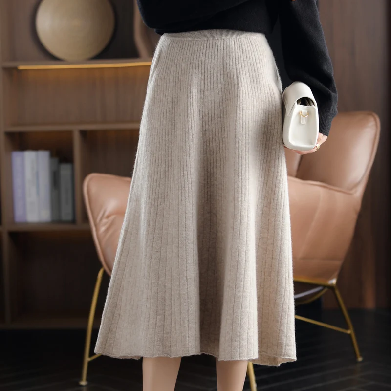 2021 Autumn New High-Waist 100%Pure Wool Pleated Long Skirt Women\'s Knit Base Skirt Fashion Pack Hip A-Line Cashmere Large Skirt