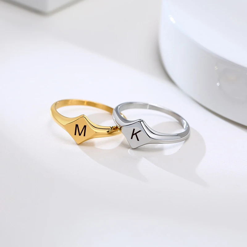 Vnox Custom Engrave Signet Rings for Women, Chic Geometric Female Finger Bands Accessory, Anti Allergy Stainless Steel Jewelry