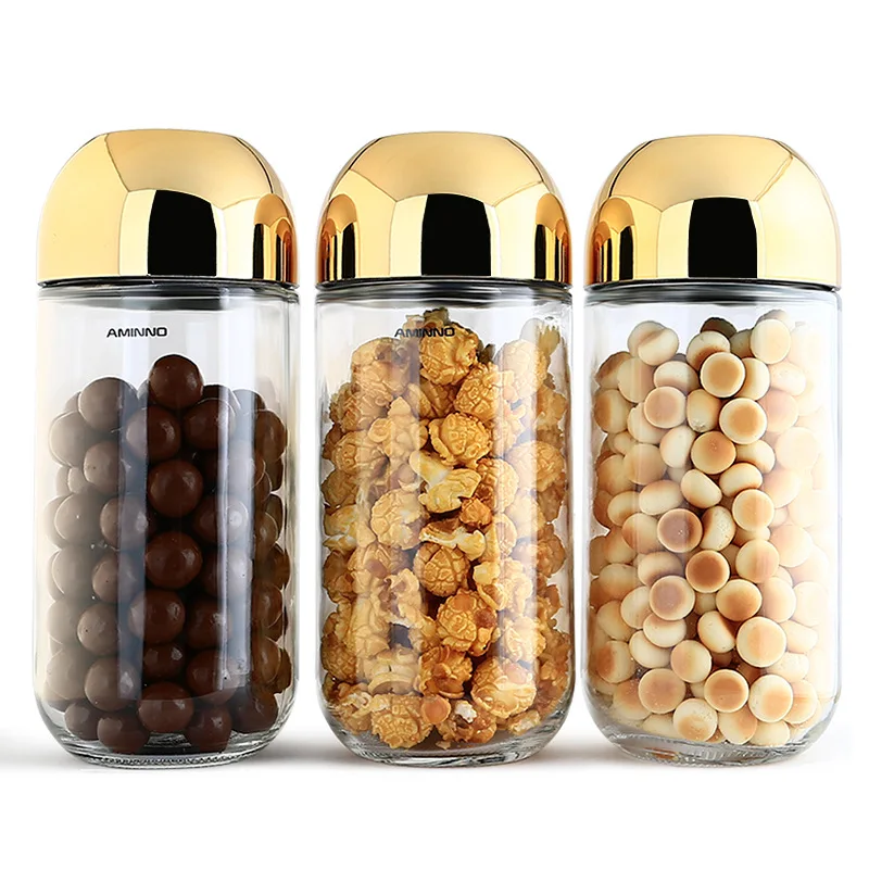 Gold-plated Transparent Glass Jar with Lid Sealed Food Storage Container Candy Box Food Jar Coffee Bean Tea Can Kitchen Decor