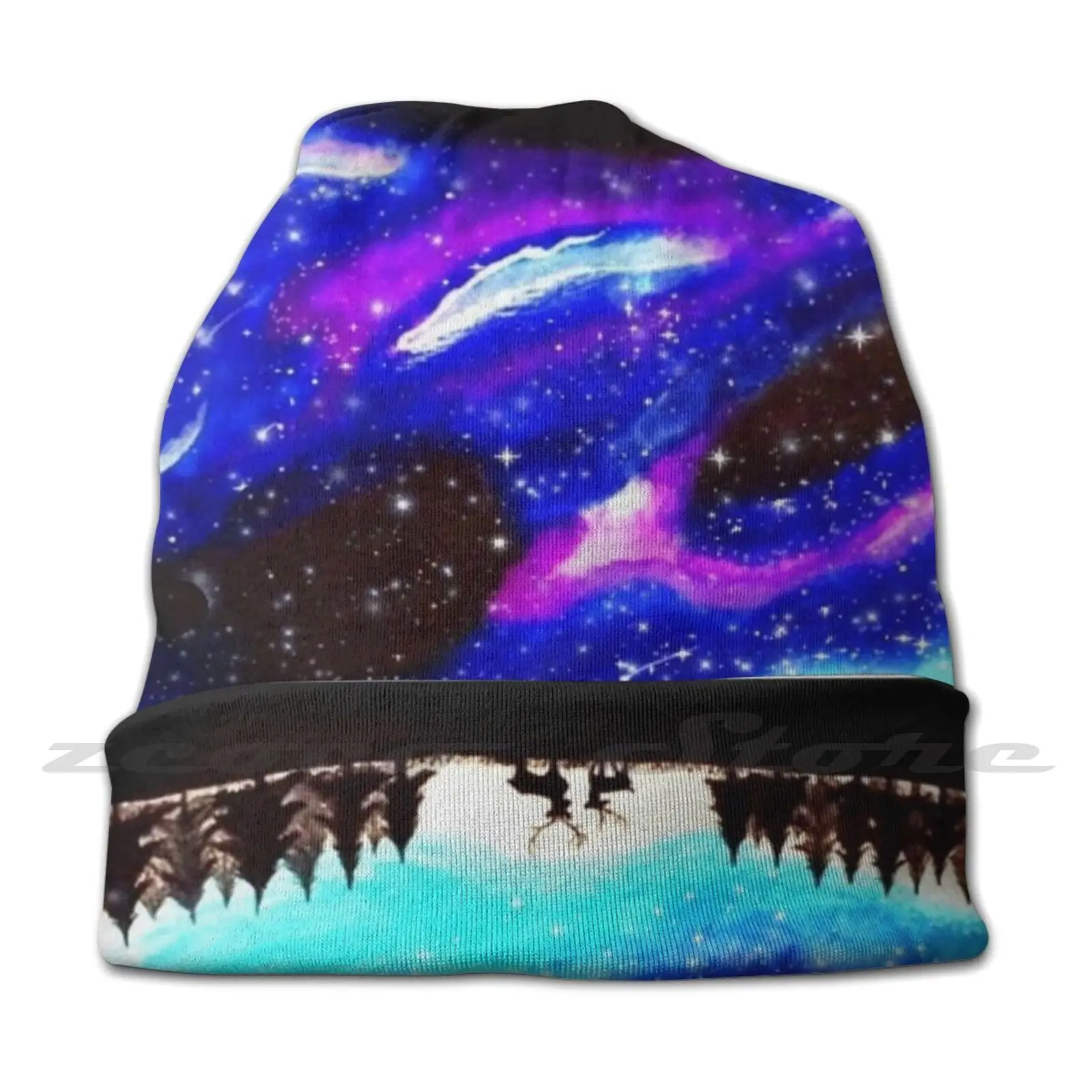 Galaxy Painting Personalized Pattern Knit Hats Plus Size Elastic Soft Cap Nighttime Stars Galaxy Dark Nature Trees Deer