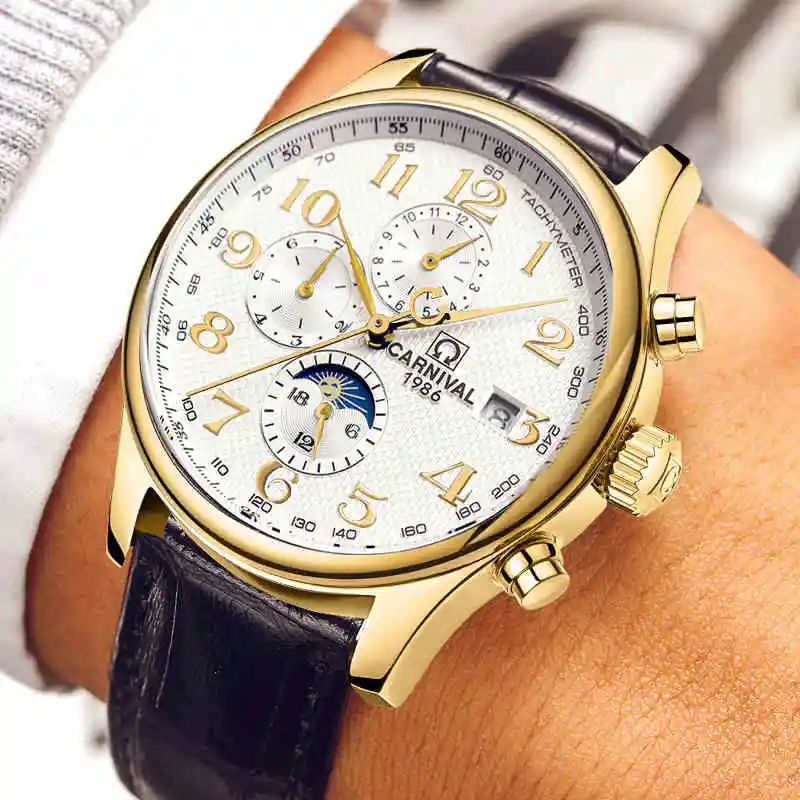 Carnival Brand Automatic Watch Fashion Luxury Waterproof Calendar Moon Phase Mechanical Watches For Men Clock Relogio Masculino