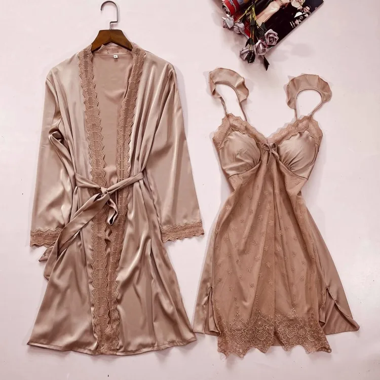 2PCS Nighty & Robe Anzug Satin Frauen Robe Set Kimono Kleid Casual Intimate Dessous Druck Hause Kleidung Sexy Nachthemd nachtwäsche – Detail 1
