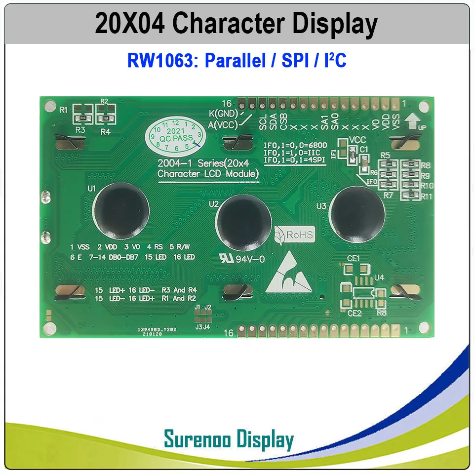 Imagem -04 - Tela de Lcd com Módulo Lcm e Luz de Fundo Led 20x4 204 Iic I2c Spi Rw1063 Amarelo Verde Azul de Personagem Painel com Luz de Fundo Led