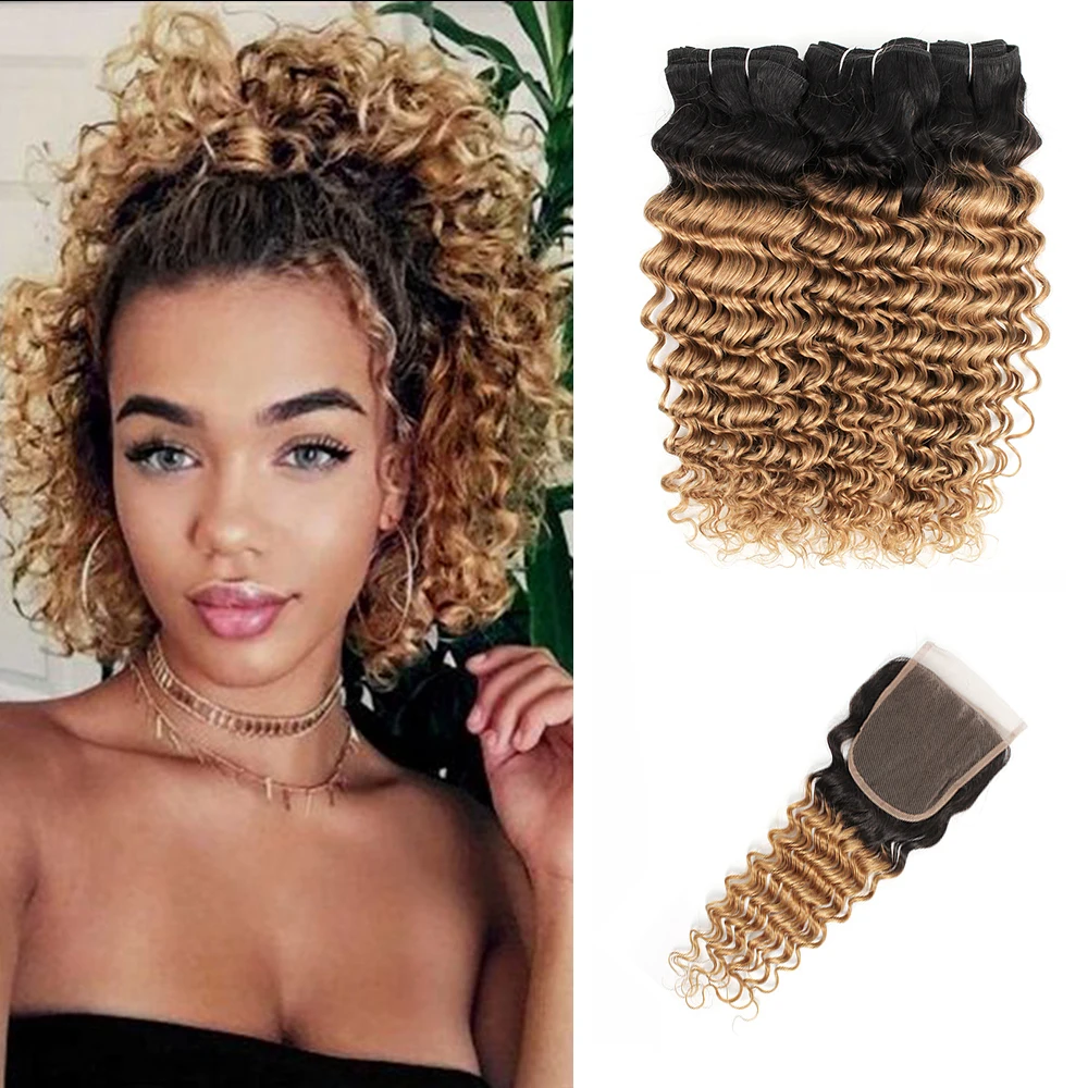 Ombre Honig Blonde Bundles Mit 4x4 Spitze Verschluss Kostenloser Teil 1B 27 Tiefe Welle 10-24 zoll Remy menschliches Haar Weben Verlängerung MOGUL HAIR