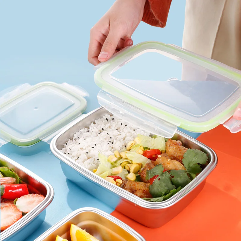 304 Stainless Steel Lunch Box Fresh-keeping Box Korean Rectangular Sealed Box With Lid Food Refrigerator Refrigerated Lunch Box