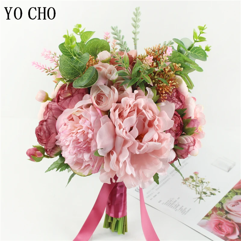 Yo cho moda noiva mão flores bonito peônia bouquets casamento artificial rosa flores de seda diy bouquet branco peônia rosa vermelha