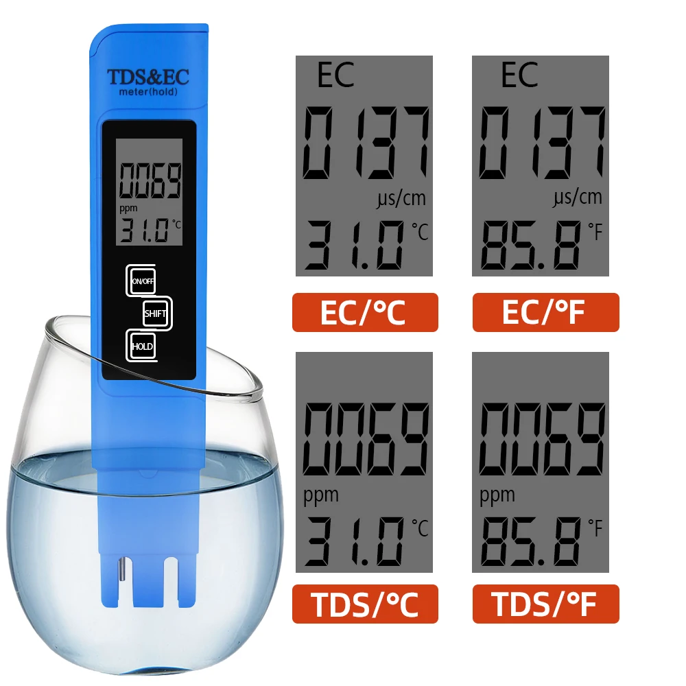 PH Meter Aquarium EC TDS Meter Digital Water Tester Hydroponic Liquid Purity PPM Filter Testing Monitor for Pool Drinking Water