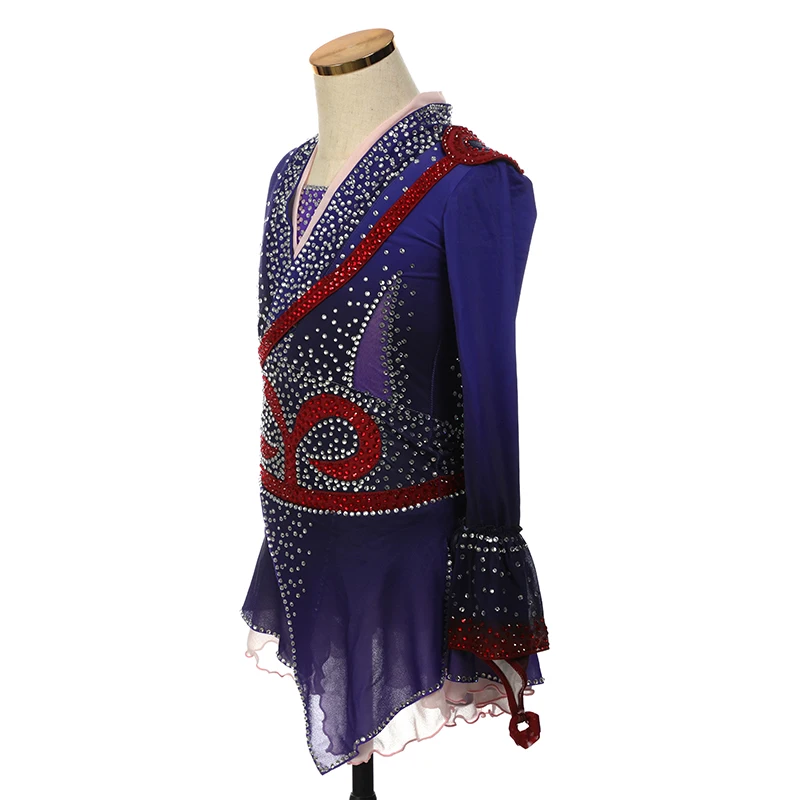 Figure Skating Dress Competition Women's Children's Rhythmic Gymnastics Blue Wine Red V-Neck Long Sleeve Performance Dress