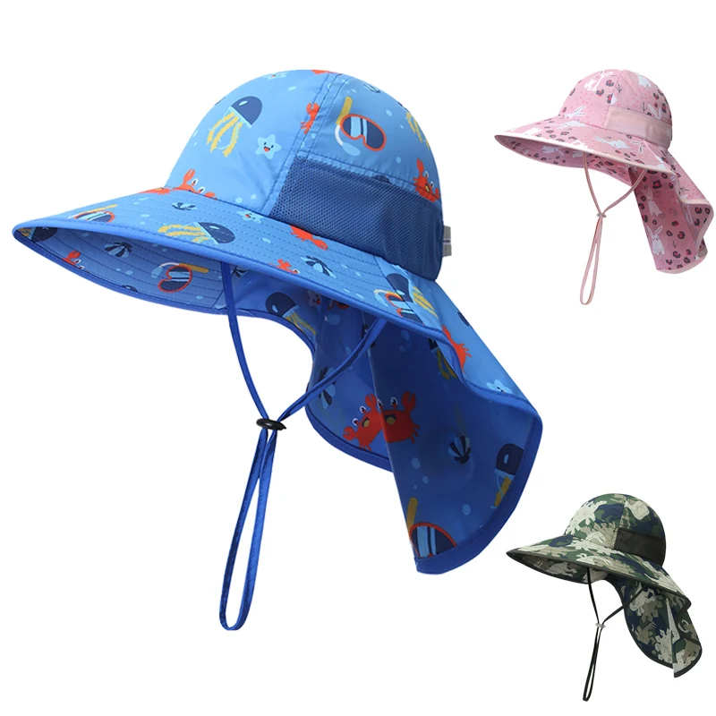 Sun Hat With Neck Flap Kids Boy Girl Summer Beach With String Sunshine Protection Swimming Outdoor Accessory