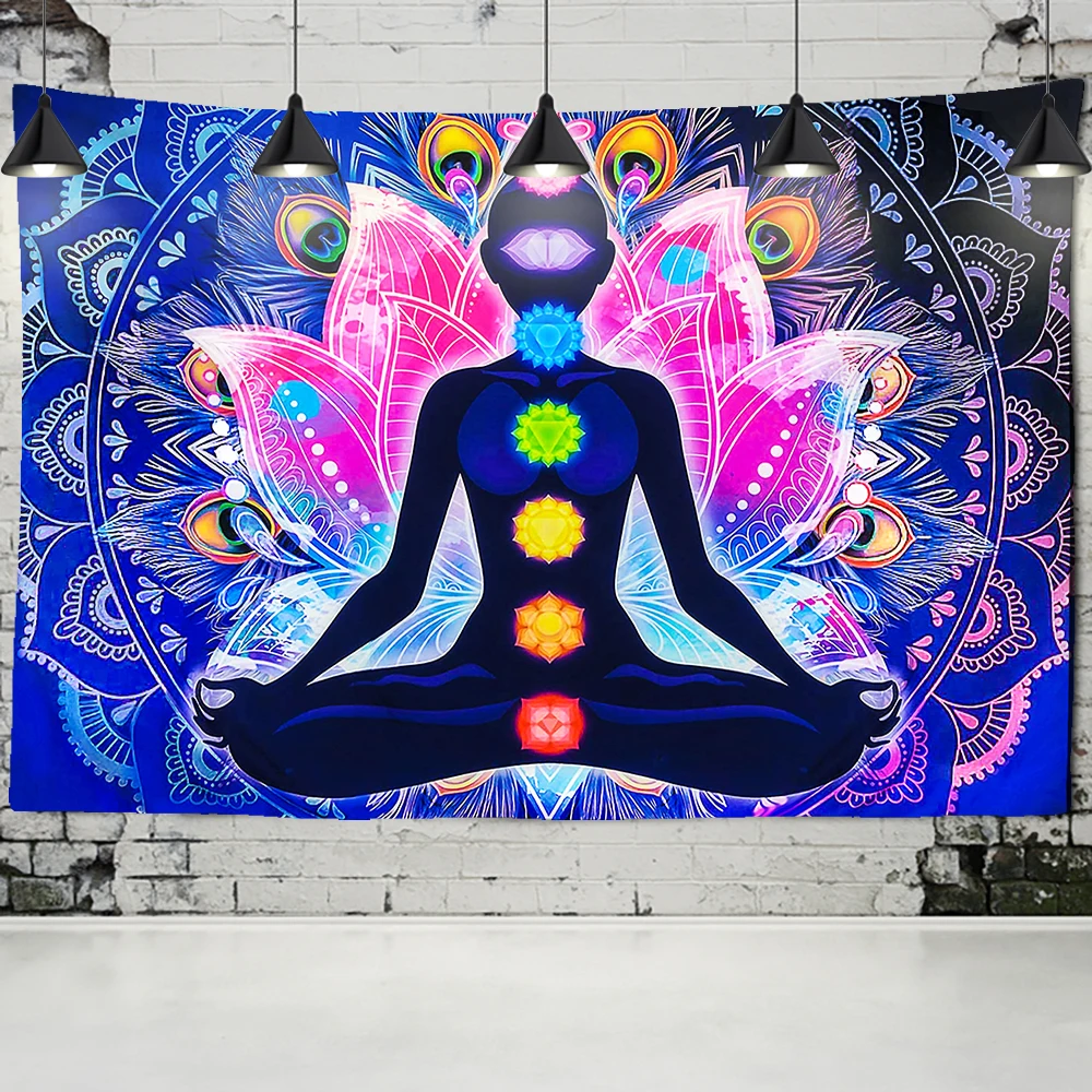 Wall Hanging Indian Buddha, Meditation 7 Chakras Tapestry Wall Hanging, Mandala Psychedelic Yoga Tapestry, Bohemian Hippie Backg