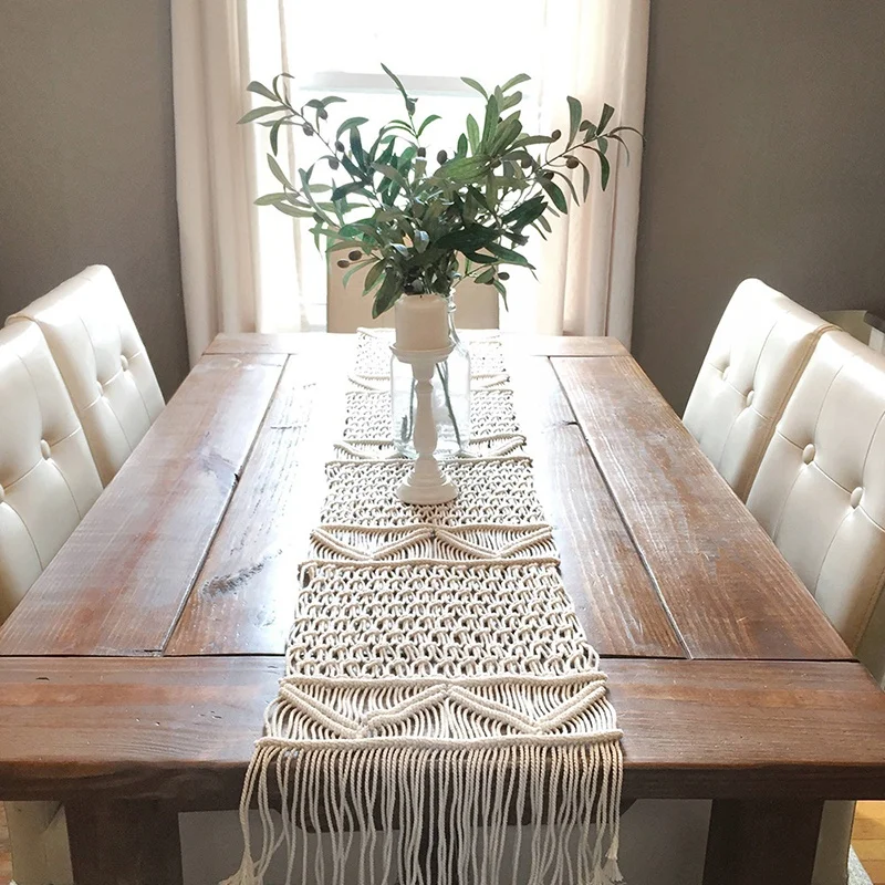 

Woven Table Runner Macrame with Tassel Bohemian Handmade Table Bed Tapestry Hand-woven Wedding Party Home Decoration