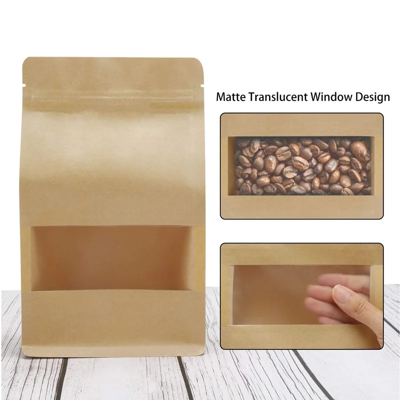 1000Pcs Kraft Stand Up Ziplock Pouch Bags Resealable Storage Package Bag With Window For Storing Food Nuts Beans Coffee Candy