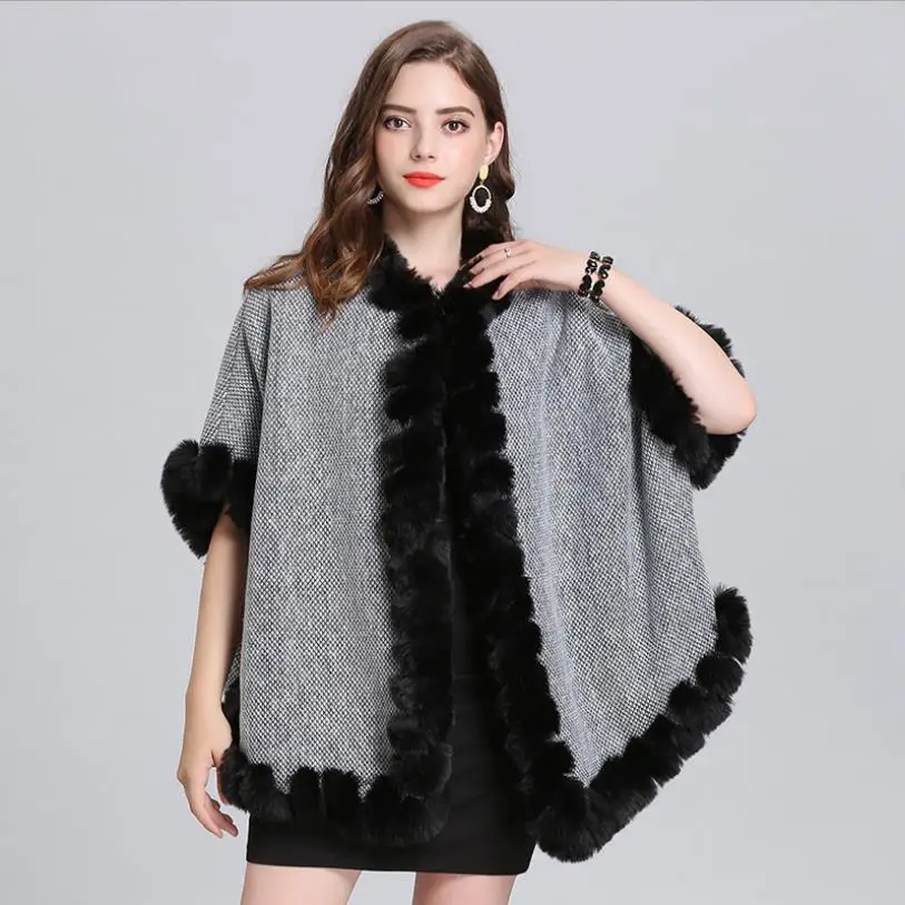 Winter Europa neue Fashon oversize lose nachahmung fuchs pelz kragen stricken mäntel weibliche fledermaus ärmel strickjacke schal mantel jacken F210