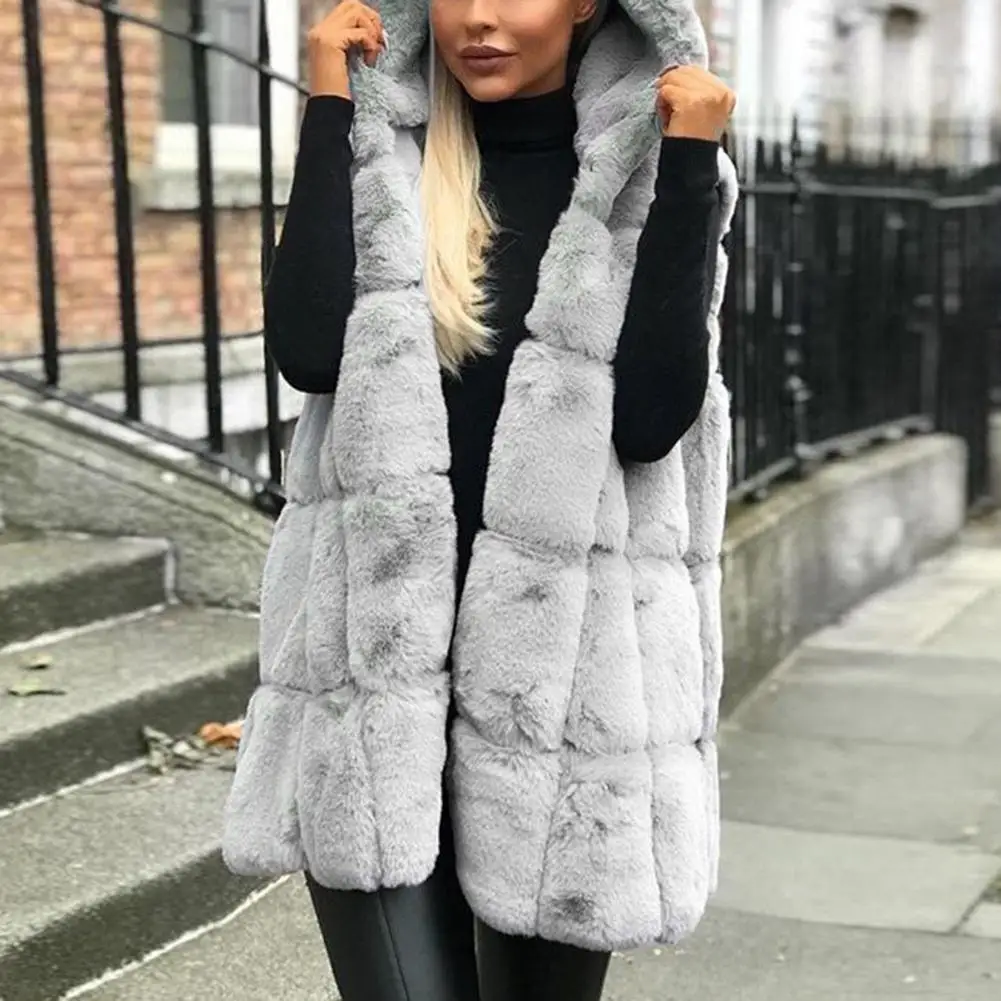 Winter Thick Vest Jacket Faux Fur Casual Solid Color Hooded Waistcoat Long Knit Oversize Women Jacket Vest