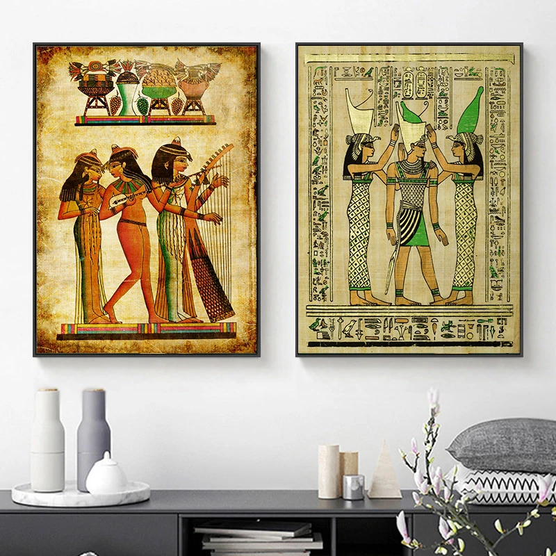 Wall Art Canvas Painting Parchment Paper Style Old Antique Poster Prints Retro Egyptian Picture Wall Decor King Tut Queen