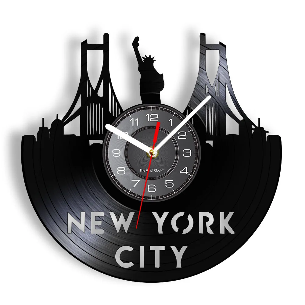 

New York City Cityscape Music Record Clock USA NY Skyline Statue of Liberty Carved Album Minimalist Wall Clock Modern Home Decor