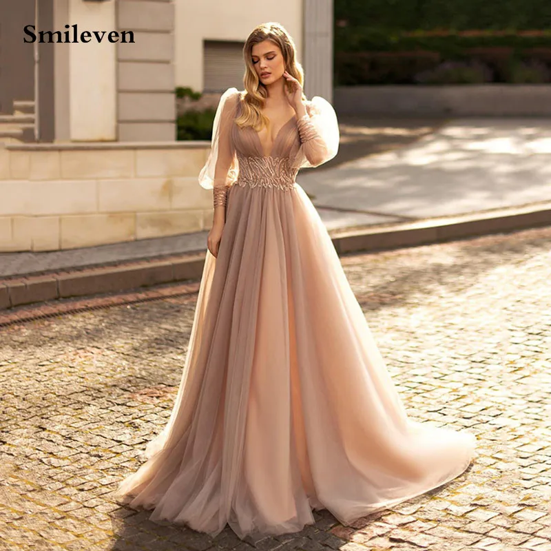 Smileven Schmutzig Rosa Puff Hülse Prom Kleider Spitze Lange Prom Party Kleider Elegante Formale Abendkleid Open Back