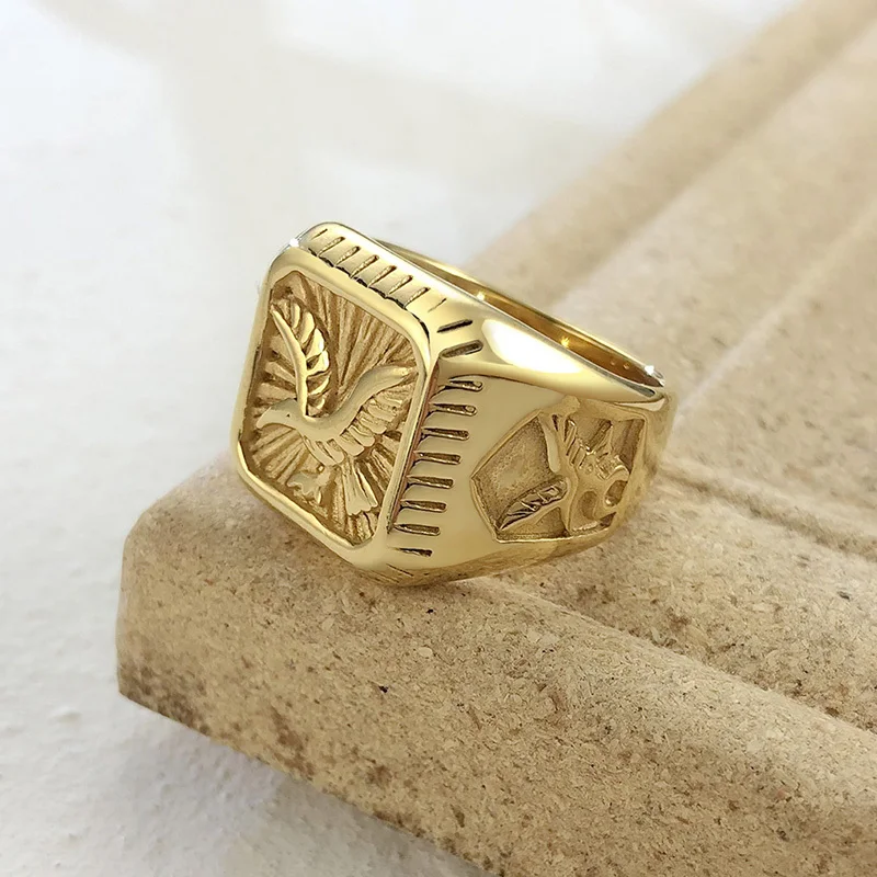 Vnox Punk 17mm Eagle Rings for Men, Gold Color Stainless Steel Chunky Finger Band, Rock Cool Male Jewelry #8- #12