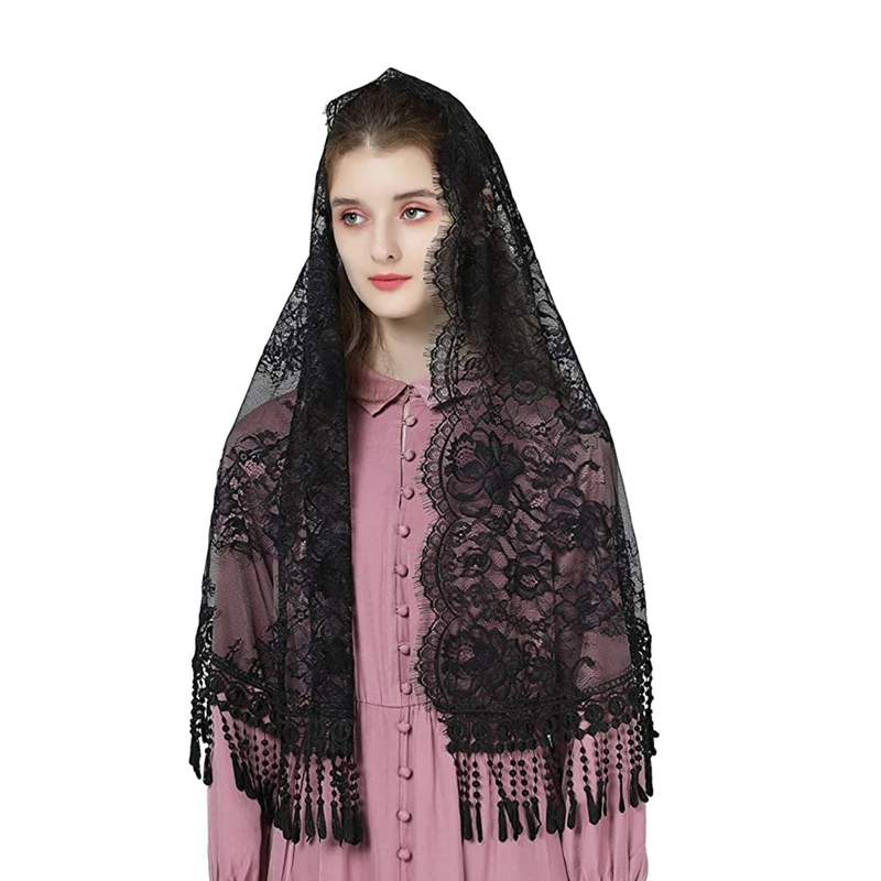 Véus mantilla para igreja católica tradicional feminino, formato d, renda macia com prendedor de cabelo marfim