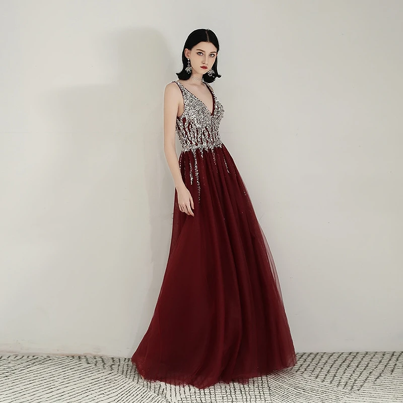 

Luxury Burgundy Bridesmaid Dresses V-Neck A-Line Beading Wedding Ceremony Formal Party Guest Evening Prom Gown Elegant New
