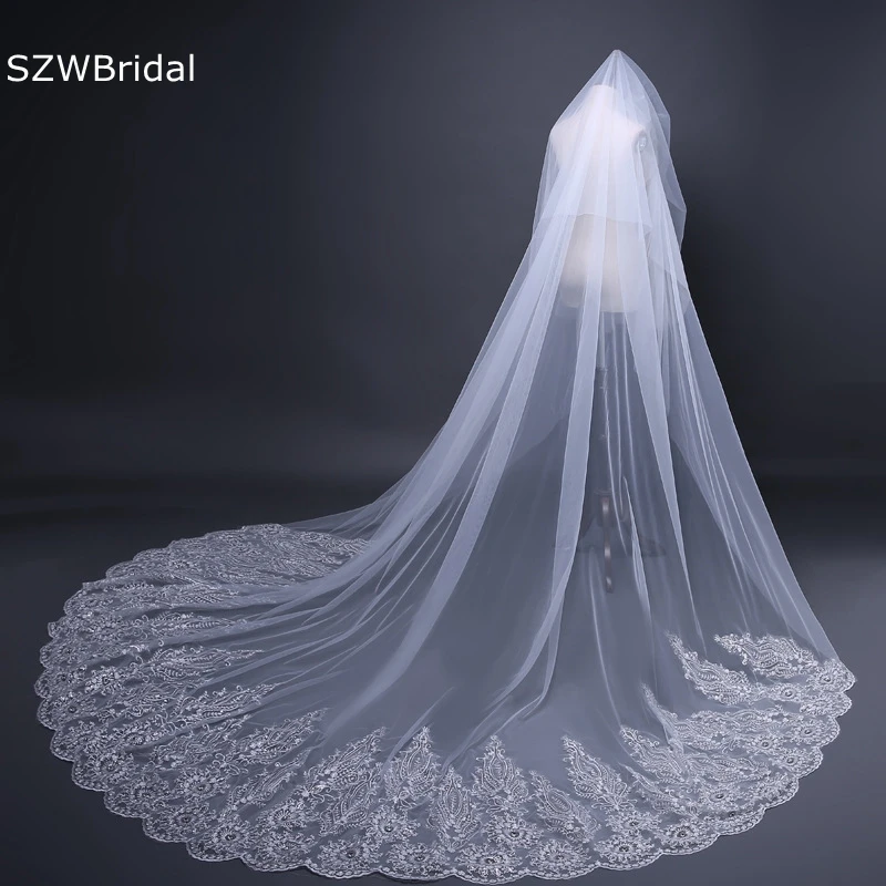 

In Stock Ivory White Cathedral Wedding Veil Two Layers Appliques Lace Bridal veils Voile mariage Beaded Crystals Hochzeit