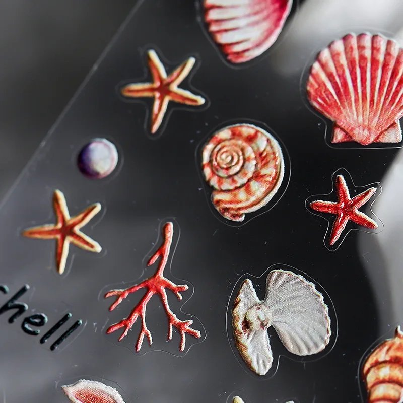 New 5D Engraved Nail Sticker Red Color Shell Starfish Charm Desgin Empaistic Nail Slide Decals Z0465