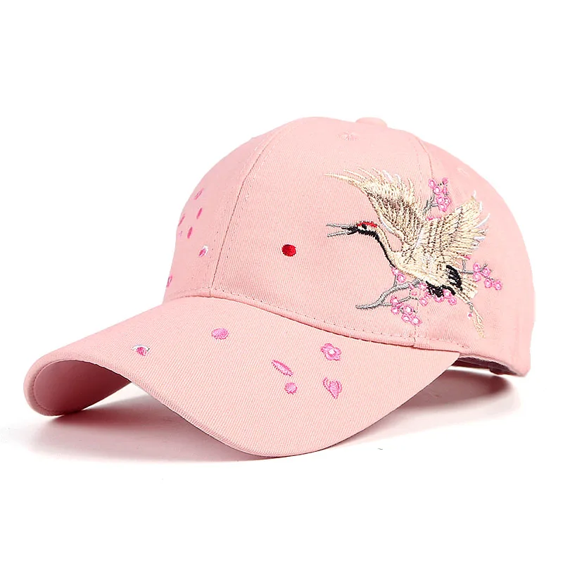 Baseball Caps Women Hat 2024 Summer Vintage Bird Crane Embroidery Animal Flora Print  snapback Hip hop Black Women's Caps Black