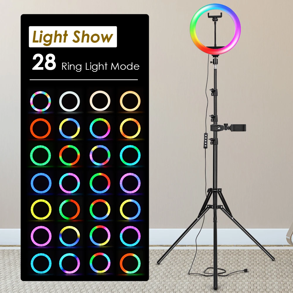 Tripod With RGB Ring Light For Phone Tripod Camera Stand Selfie Photography Light LED Lamp Color Photo Studio For YouTube Live