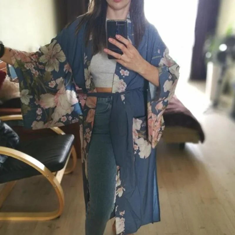 Bohemian V neck Peacock Flower Print Long Kimono Robe Shirt Ethnic Lacing up Sashes Long Cardigan Loose Blouse Tops femme