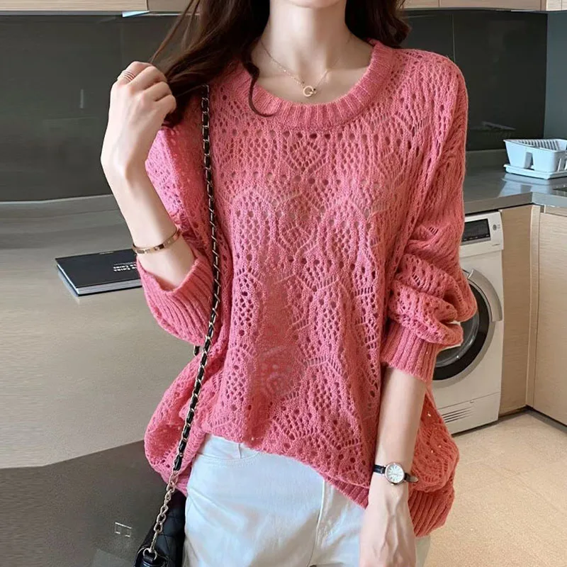 Hollow Out Summer Loose Knitted Pullover Tops Fashion  Thin Cool Pull Jumpers Yellow O-neck Mesh Tops Ladies Mesh Shirt