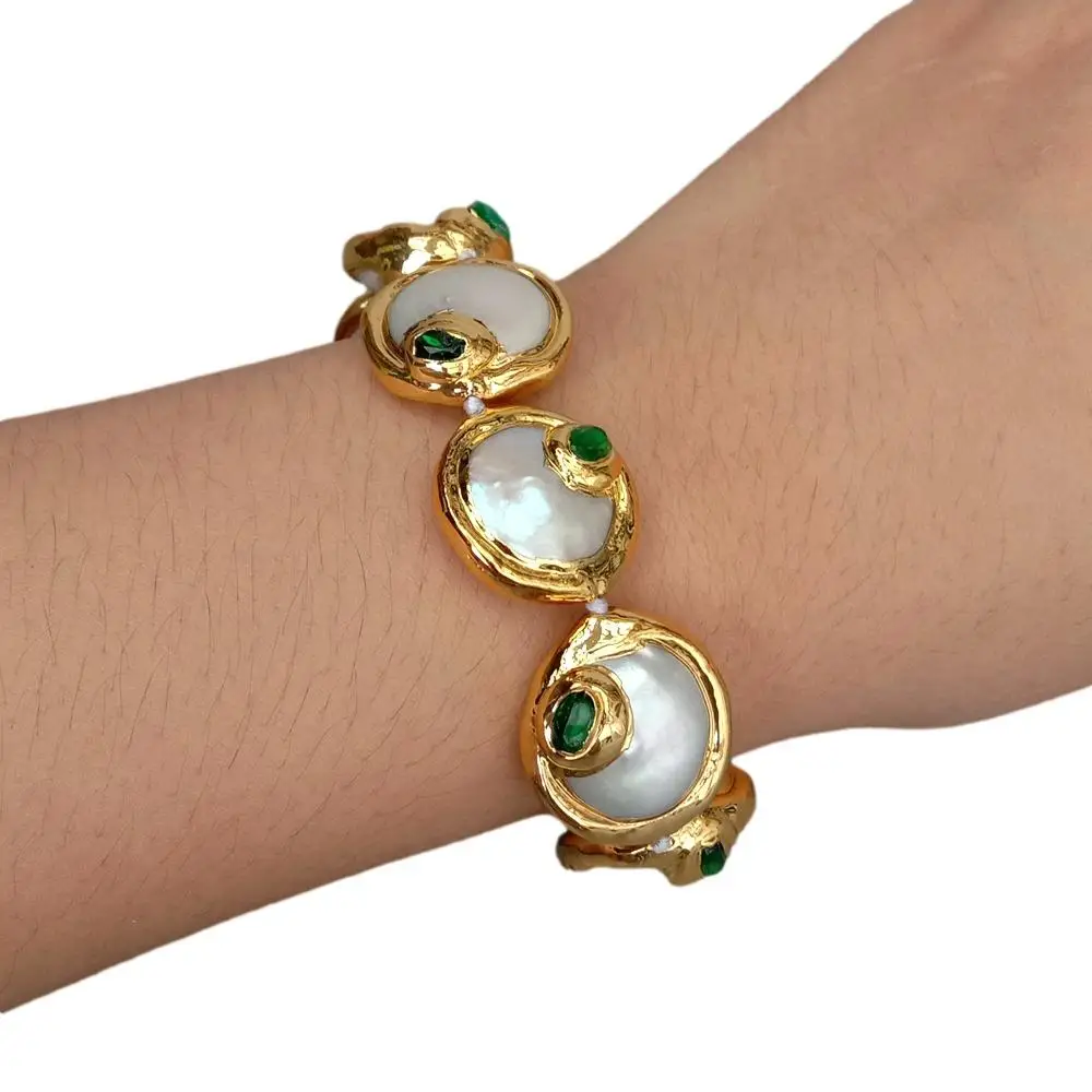 

YYGEM luxury style Natural Freshwater Cultured White Coin Pearl Green Crystal pave Bracelet Seastar Charm
